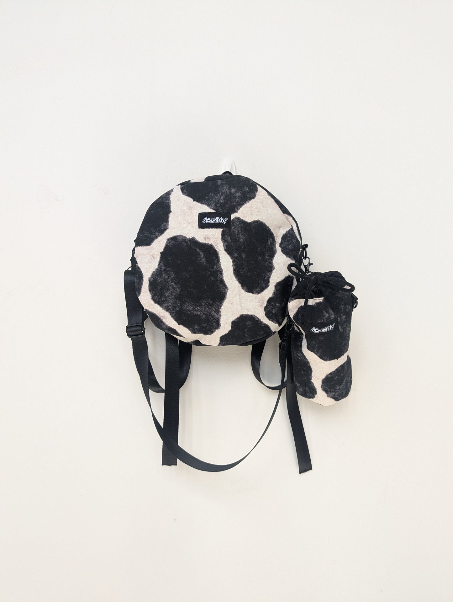 1of1 Handcrafted Cow print, Circle backpack & Water Bag Set